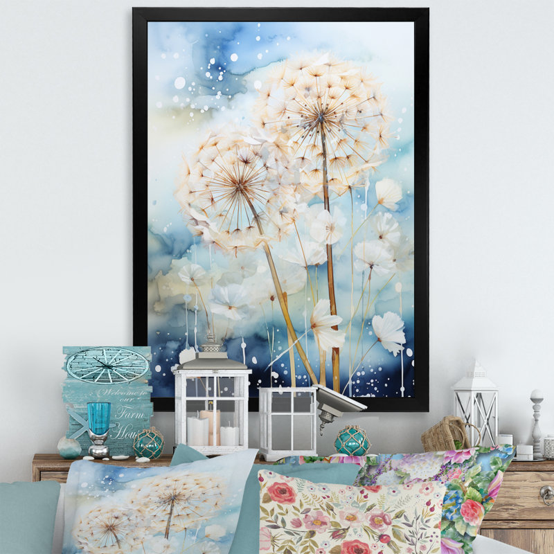 Matteas " Dandelion Whimsical Dandelion Pointillism II ", Black Picture Framed, 32" H x 24" W x 1" D