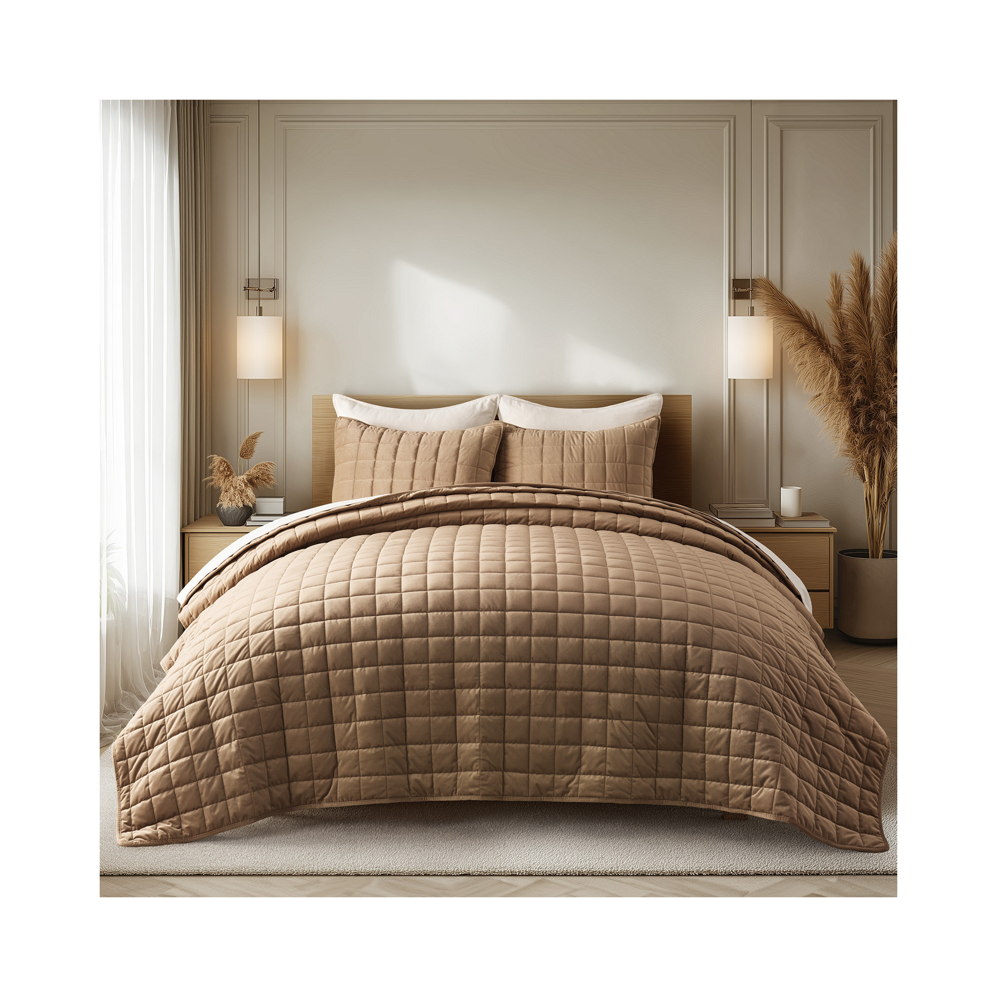Box Stitch PearlVelvet Quilt set, Camel, Queen Quilt + 2 Standard Shams