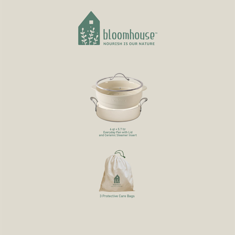 Bloomhouse - Oprah's Favourite Things - 6-QT Aluminum Enamel Everyday Pan W/ Non-Stick Non-Toxic Ceramic Interior And Ceramic Steamer Insert - Oat White