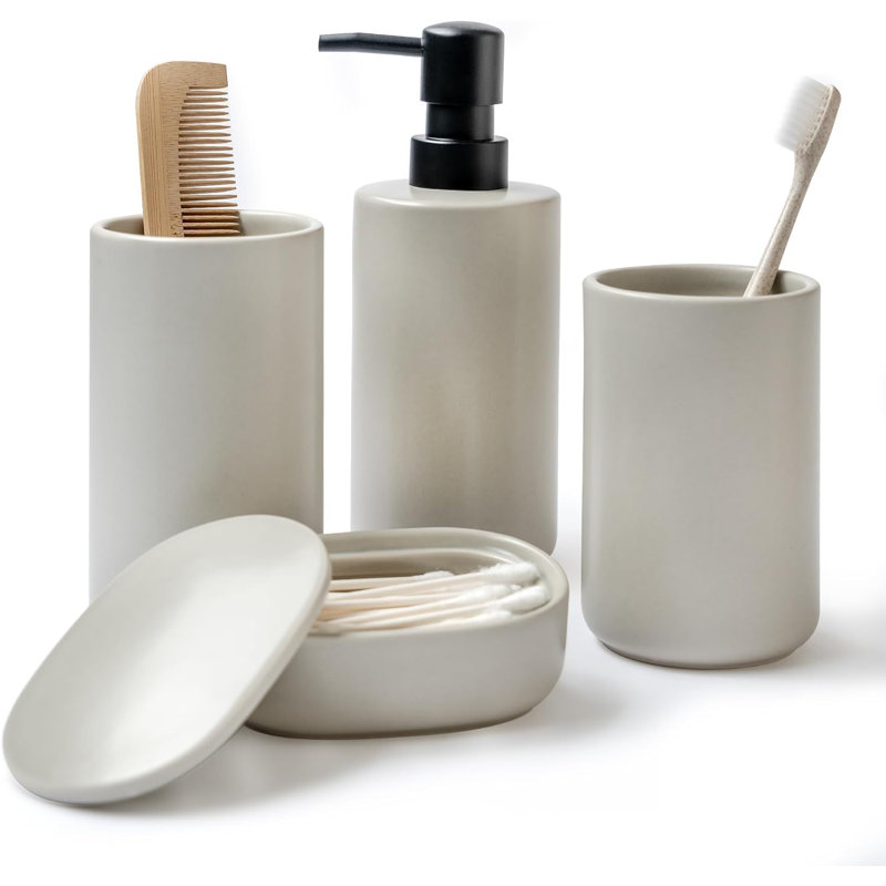 Ensembles d'accessoires de salle de bain beige, ensemble complet d'accessoires de salle de bain 4 pièces, ensemble de comptoir de meuble-lavabo, pompe à savon avec distributeur de lotion, gobelet, porte-brosse à dents, support Cotton Swab
