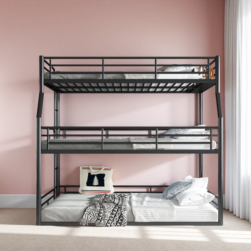 Full XL Over Queen Over Queen Bunk Bed, Metal Triple Bunk Bed With Safety Guardrails, Heavy-Duty Bunk Bed With Noise-Reduced Design
