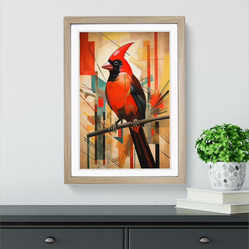 Cardinal Bird Constructivism - Framed Print, Oak Framed, 64cm H x 46cm W x 2cm D