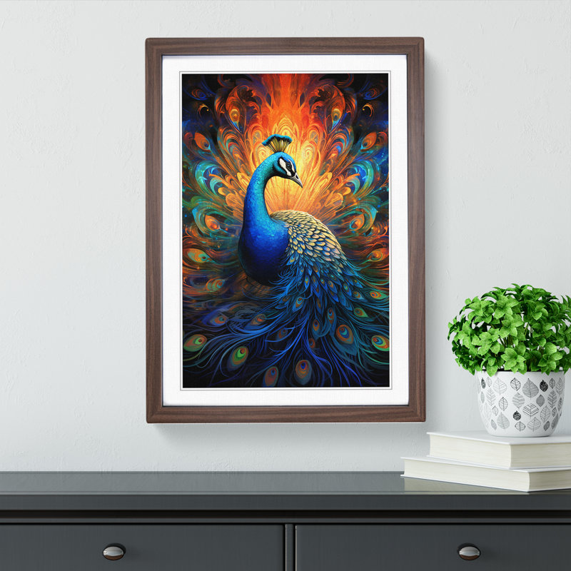 Peacock Futurism No.2 - Single Picture Frame Print on Wood, Walnut Framed, 64cm H x 46cm W x 2" D