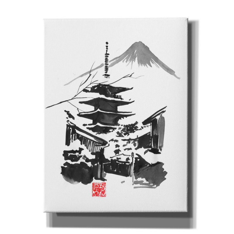 «Fuji San And Temple» par Pechane, art mural sur toile, H 16 po x l 12 po