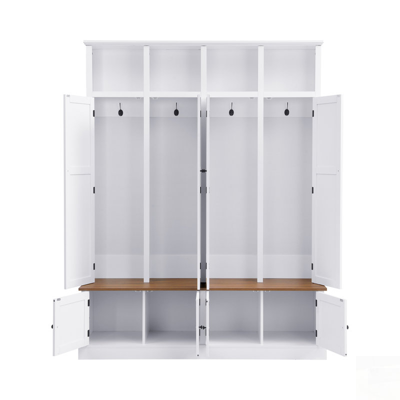 Farmhouse Hall Tree With Bench And Cabinet, 4-In-1 Entryway Storage Organizer, Modern And Functional For Any Room, White