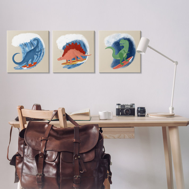 «Dinos Surfing Beach Waves», ensemble de 3 toiles murales par Carrie Cantwell
