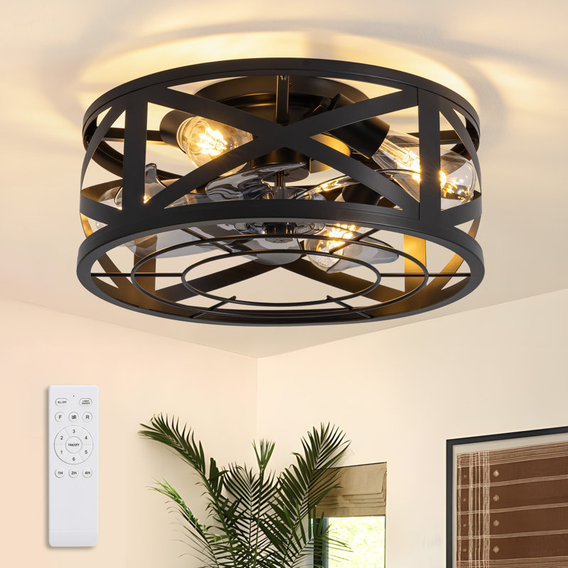 16" Matte Black Caged Ceiling Fan with Light and Remote Control, Farmhouse Enclosed Flush Mount