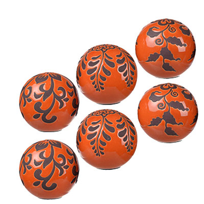 Ensemble de 6 sphères décoratives en céramique orange brillante, ornées de motifs floraux et de feuilles foncées, pour décorer un bol, une table ou une cheminée. Diamètre : 9,9 cm (3,9 po).