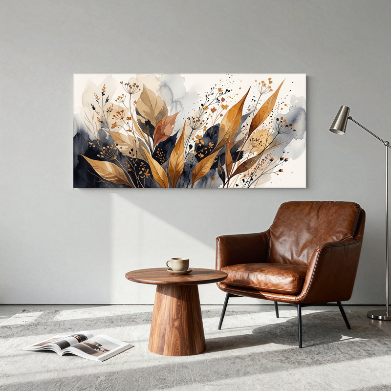 Tableau mural en toile grise délavée avec des feuilles rouillées et dorées et des éclaboussures noires, L 32 po x H 16 po