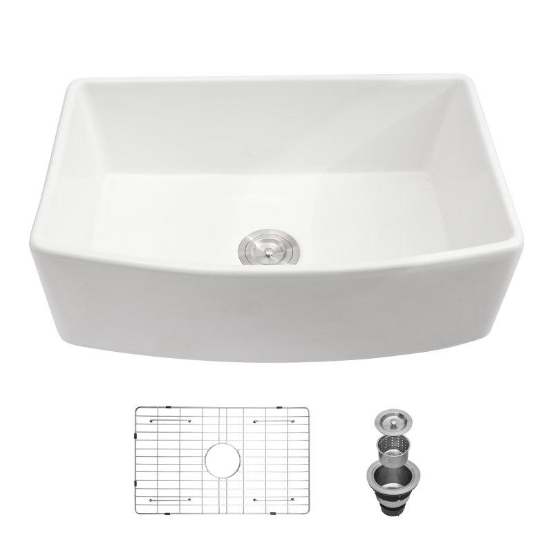 30" White Farmhouse Sink - 30 X 19 X 10 Inch White Kitchen Sink Ceramic Porcelain Arch Edge Apron Front Single Bowl Farm Kitchen Sinks