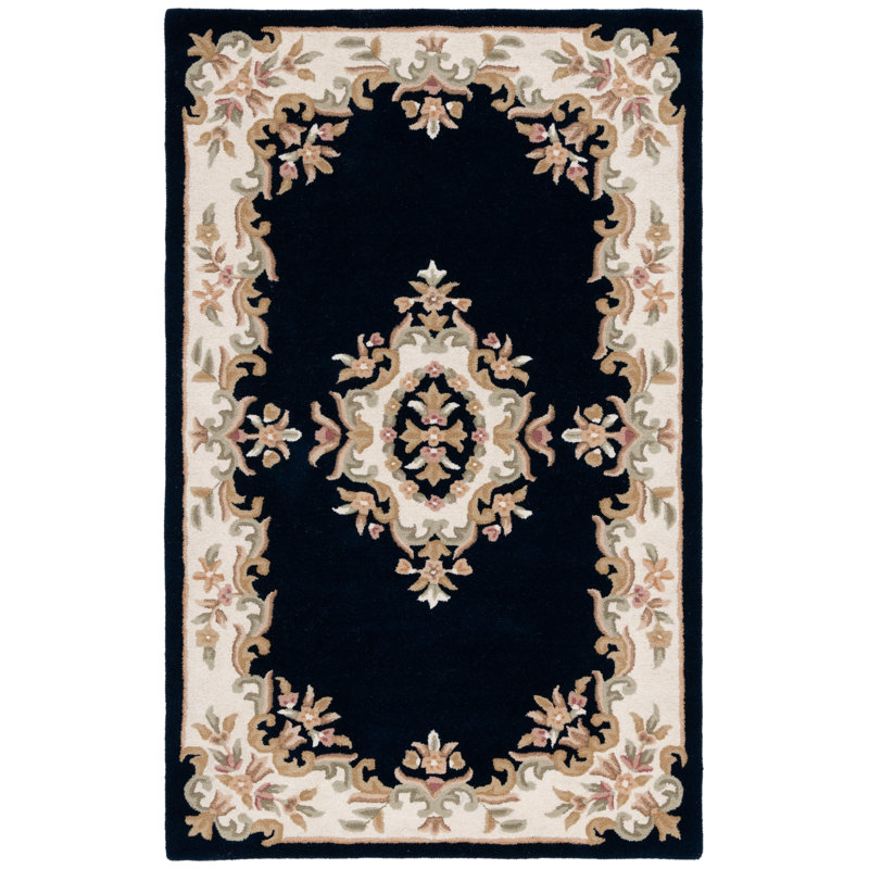 Steller Aubusson Hand Tufted Wool/Cotton Floral Rug in Ivory/Navy, Rectangle 3' x 5'