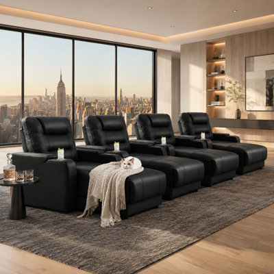 Fauteuil inclinable électrique surdimensionné avec charge sans fil et porte-gobelet, sièges de cinéma maison en similicuir (noir, ensemble de 4)