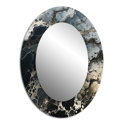 Black And White Liquid Ink River II - Large Oval Wall Mirror On Metal