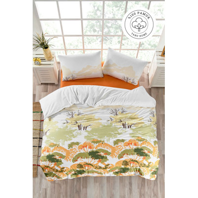 100% Cotton Ranforce Single Quilt Cover Set, White/Orange/Green, Duvet Cover 53.1 x 78.7 inches & Pillowcase 31.5 x 31.5 inches | Machine Washable, 132 Thread Count, Envelope & Button Closure, Vibrant Pigment Printing