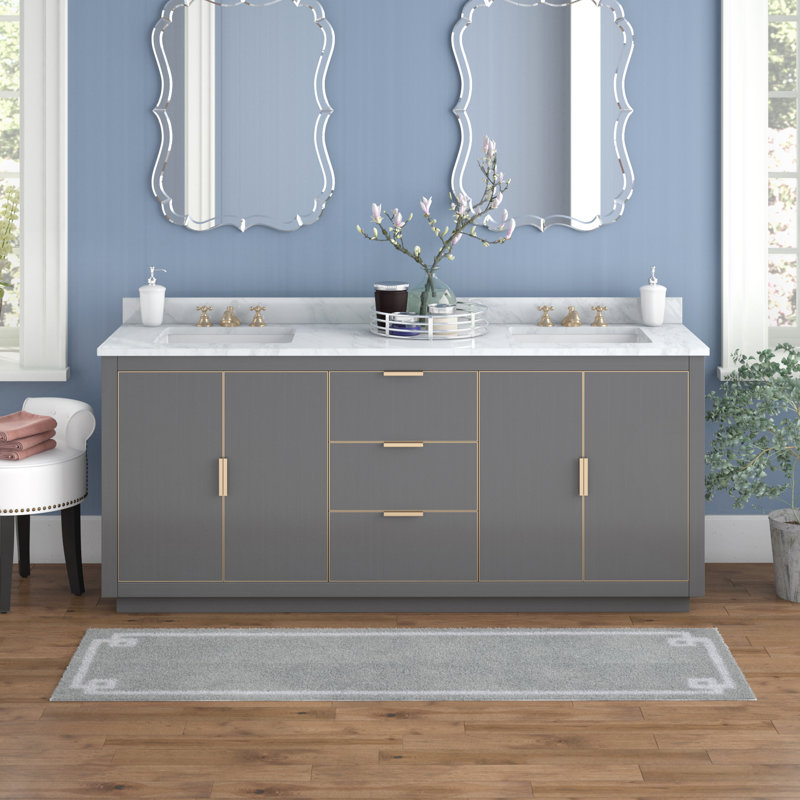 Ensemble de meuble-lavabo double 73 po Salise, Marbre blanc de Carrare / argent, Gris crépuscule
