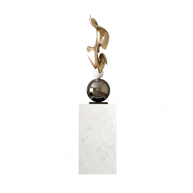 62.99"Modern Geometric Electroplated Art Sculpture, White/Gold/Black