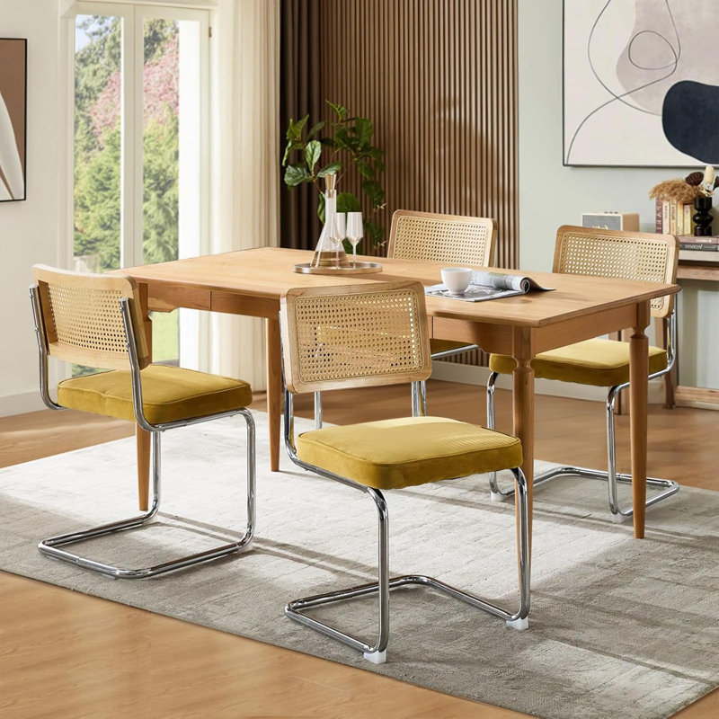 Ensemble de 4 chaises de salle à manger Modern Velvet, dossier en rotin et base chromée, or, Velours doré