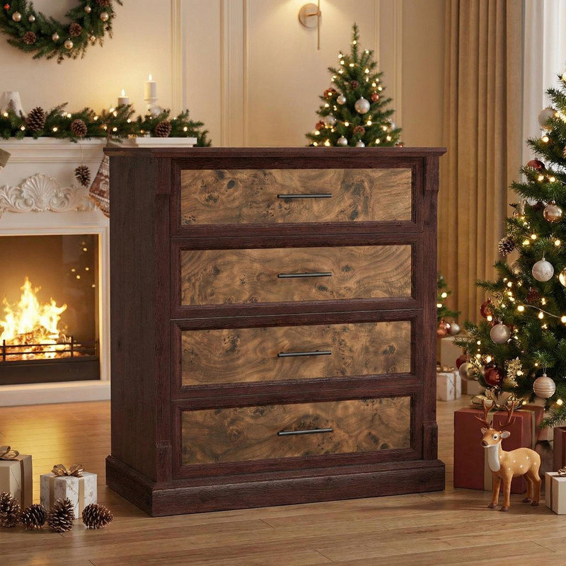 Farmhouse 4 Drawer Dresser for Bedroom, Tall Chest of Drawers with Metal Handles for Living Room, Hallway, Walnut