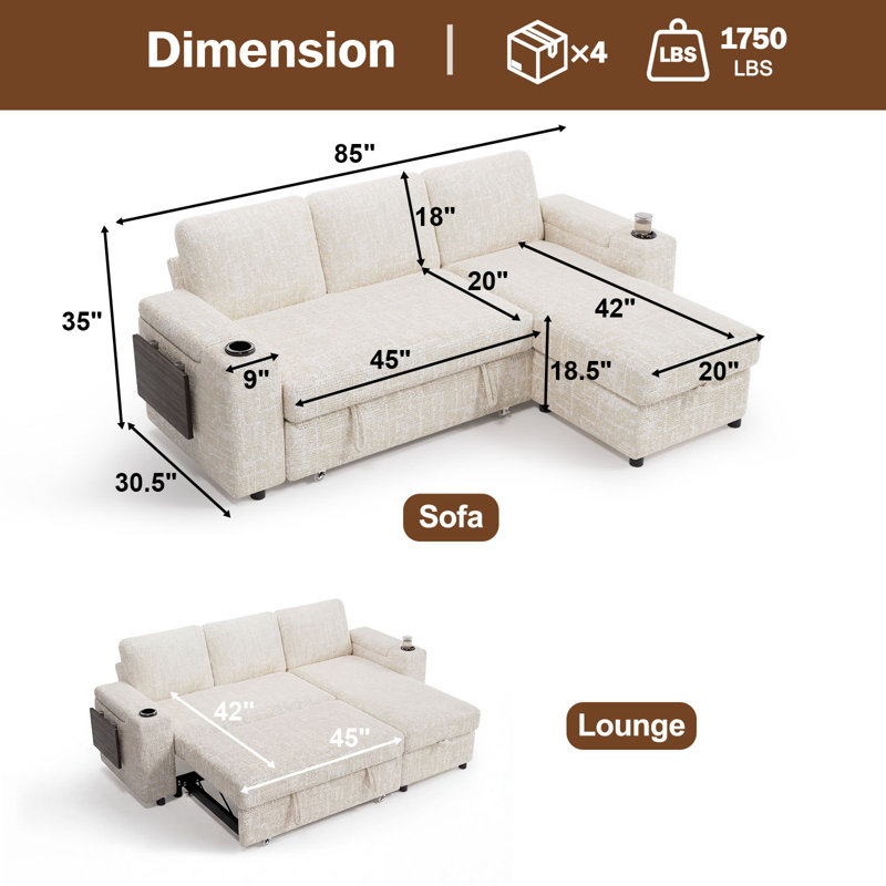 85-Inch 3-Seater Sofa Bed With Adjustable Backrest, Foldable Coffee Table, Cup Holders, Usb & Type C Ports, Storage Pockets, Perfect For Home, Hotel, Apartment, And Dorm