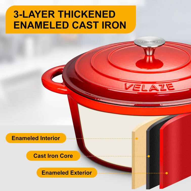 Velaze 1-Piece 4 qt. Red Round Enamel Cast Iron Dutch Oven with Lid