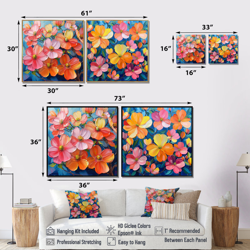 Rose, orange, vibrant, cornouiller I - art mural cornouiller - ensemble d'art mural traditionnel 2 pièces, H 36 po x l 73 po