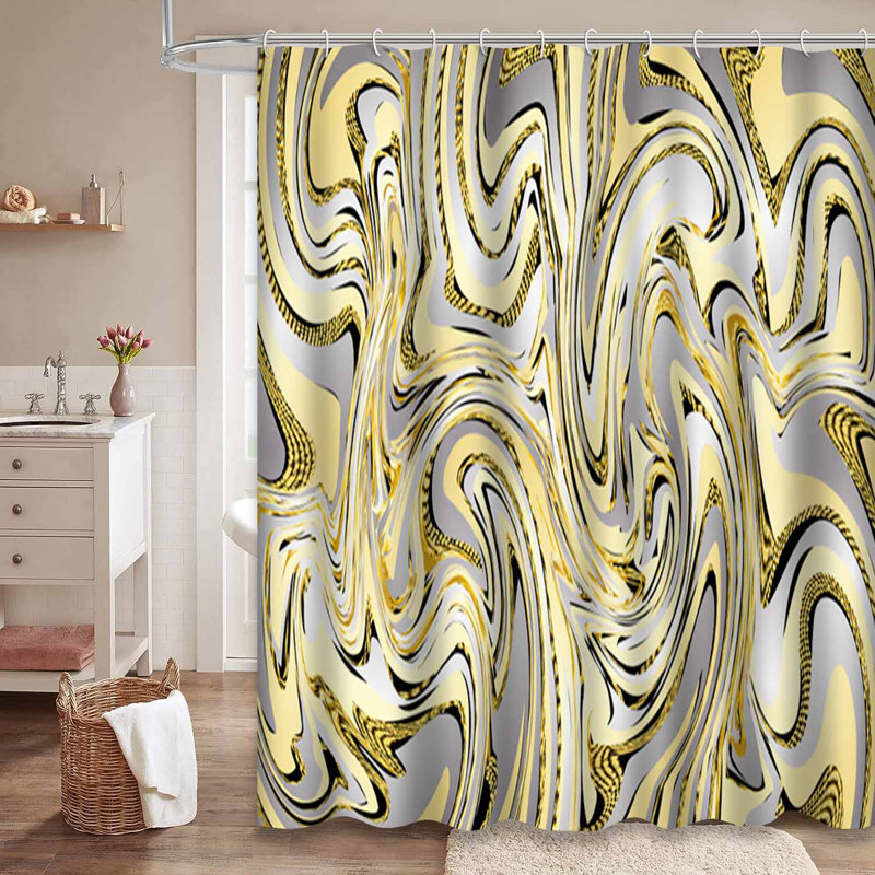 Marble Liquid White Yellow Abstract Gold Shower Curtain with 12 Hooks, 72" L x 78" W