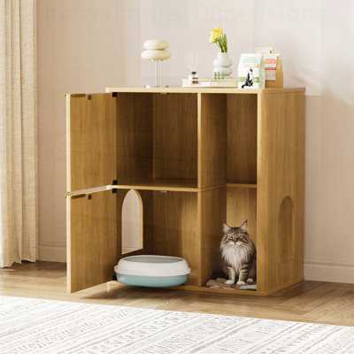 Litière pour chat avec arbre à chat - Meuble pour litière rainuré avec portes de chat et tablettes de rangement, armoire pour animaux polyvalente pour le salon ou la chambre à coucher