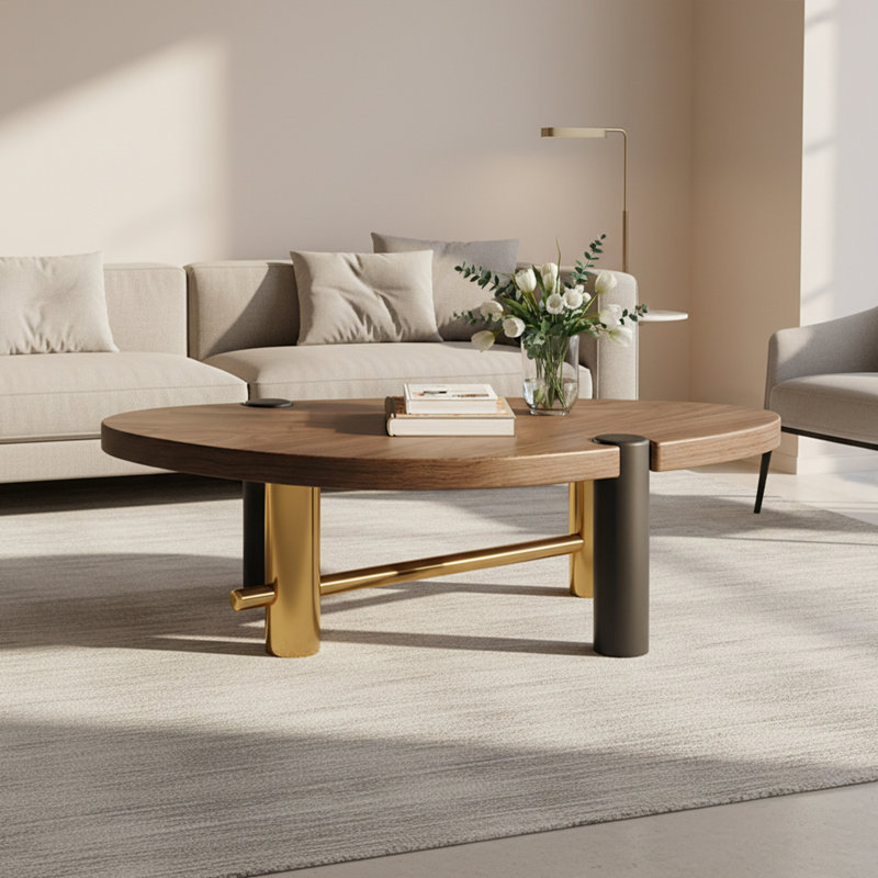 Modern Organic Free-Edge Coffee Table, 51.18" Walnut Chevron Wood Top with Gold & Black Metal Tube Base Minimalist Industrial Coffee Table for Living Room