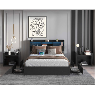 Bed Frame With 4 Storage Drawers Bed Frame With Headboard And Storage Shelf, Storage Bed With Led And Charging Station, No Noise,No Box Springs Needed