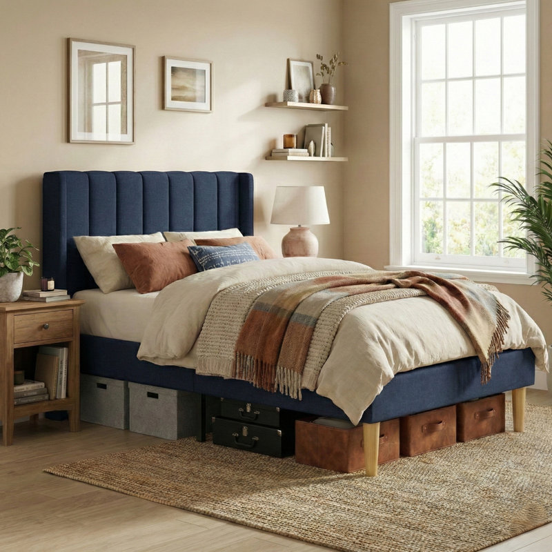 Base de lit tapissier avec tête de lit à oreilles Deeb, Simple, Velours bleu foncé
