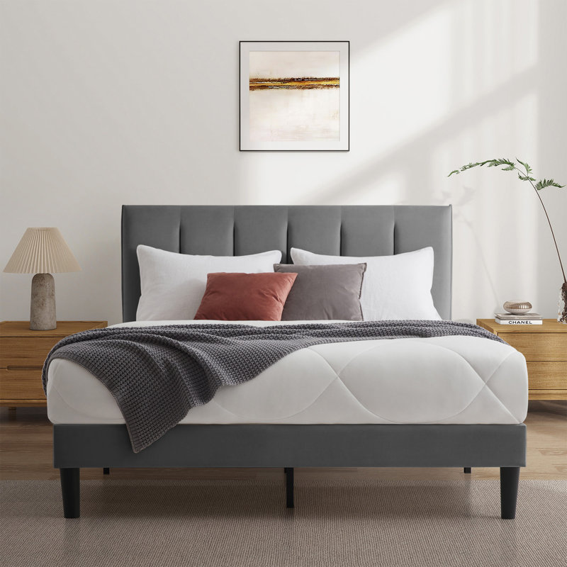  Luxurious Upholstered Bed Frame with Cushioned Headboard, Gray, Full
