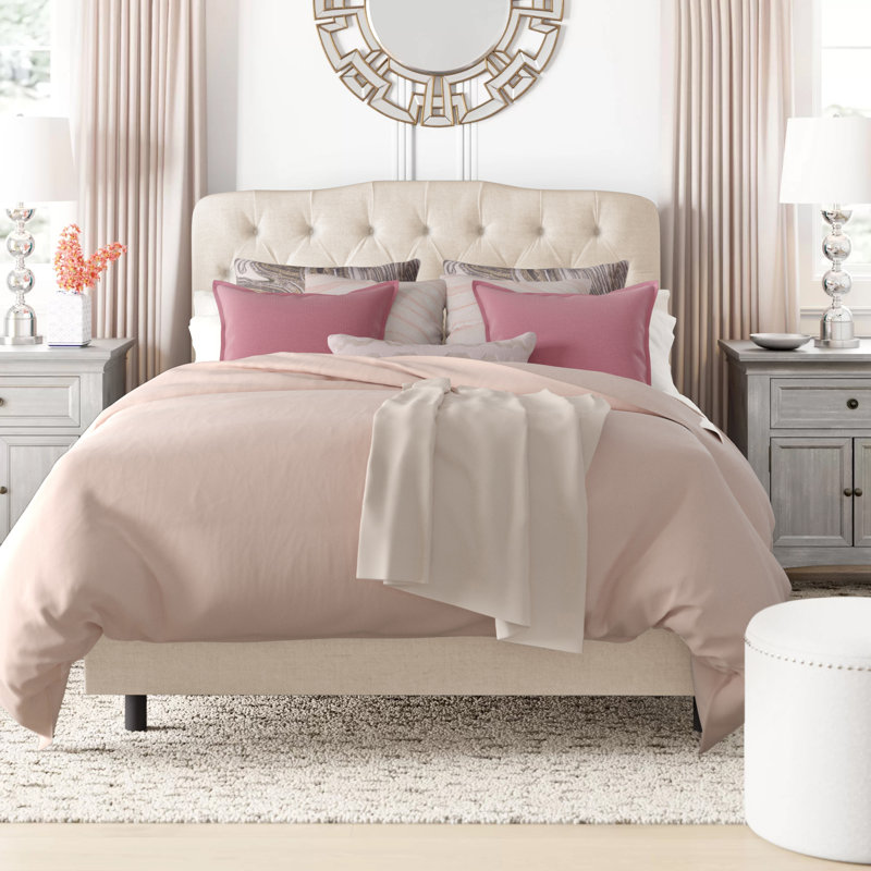 Alencon Tufted Upholstered Low Profile Standard Bed, King, Classic Talc Linen