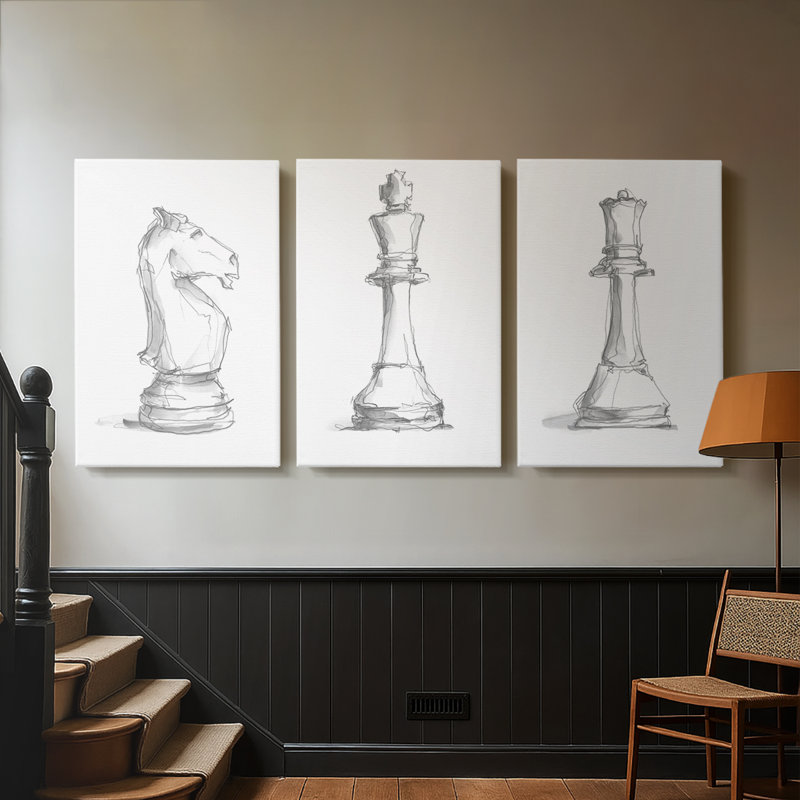 Chess Room Study I - Toile tendue avec châssis sur mesure - 3 pièces, H 12 po x l 24 po