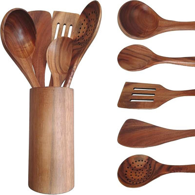 Wooden Kitchen Utensils Set, 6 Teak Spoons