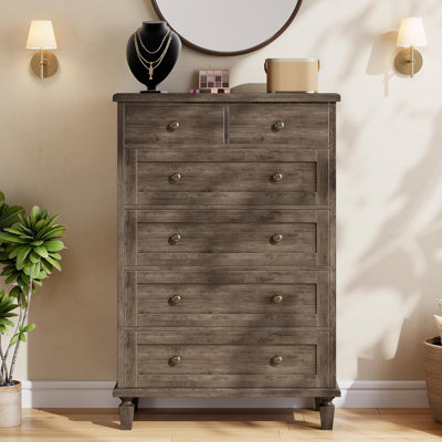 Commode haute 6 tiroirs Vintage avec pieds fuselés, commode en bois, gris