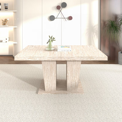 Table de salle à manger rectangulaire extensible pour 6 à 10 personnes avec motif de travertin veiné