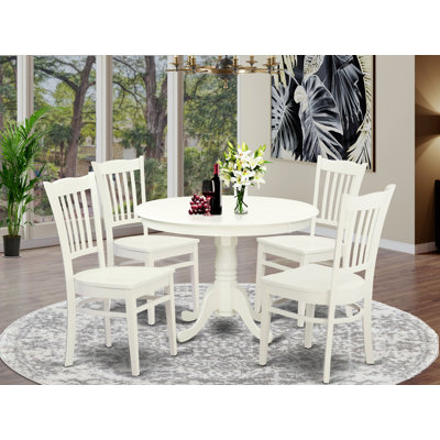Ensemble de table de salle à manger 5 pièces pour 4 personnes comprenant une table de cuisine ronde avec piédestal et 4 chaises de salle à manger, lin blanc 