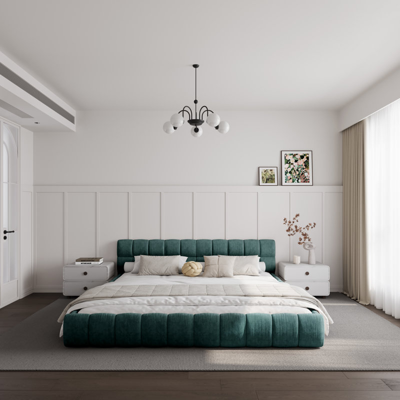 Chenille Upholstered Bed Frame With Headboard, Bluish Green, King