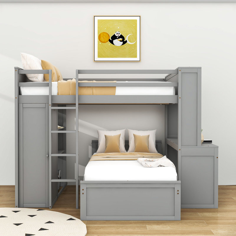 Asgun Wood Bunk Bed with Shelves,Desk and Drawer, Full Over Twin, Gray