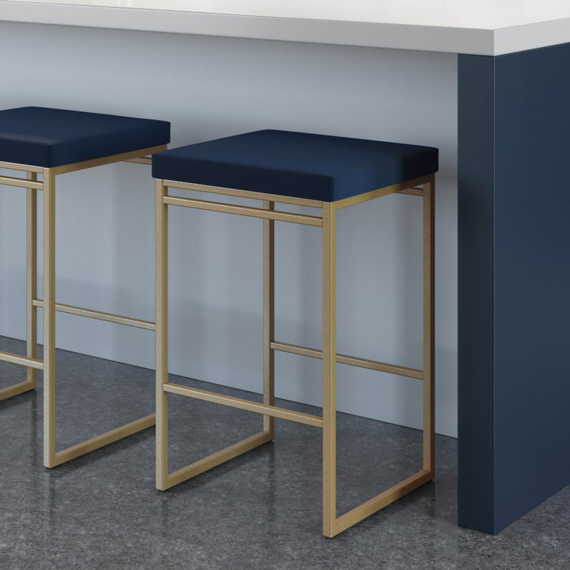 Tabouret de bar et de comptoir Humiston, Tabouret de bar (siège d'une hauteur de 30,75 po), Polyuréthane bleu, Doré