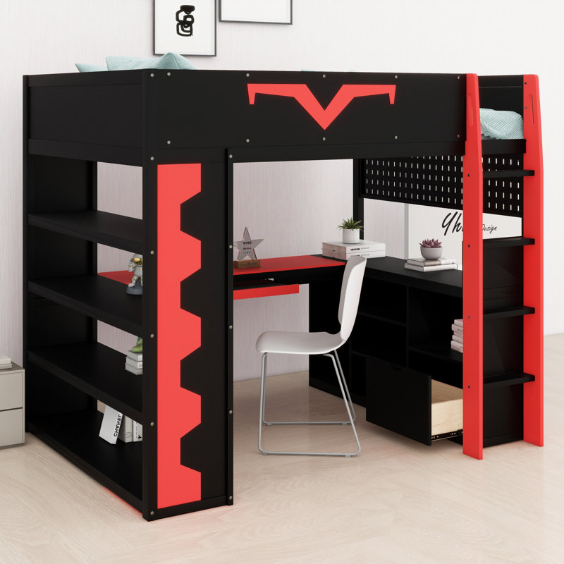 Lit mezzanine multifonctionnel avec bureau, lumières RVB, plateau à clavier et rangement, lit de jeu avec prise de courant, panneau perforé et tablettes