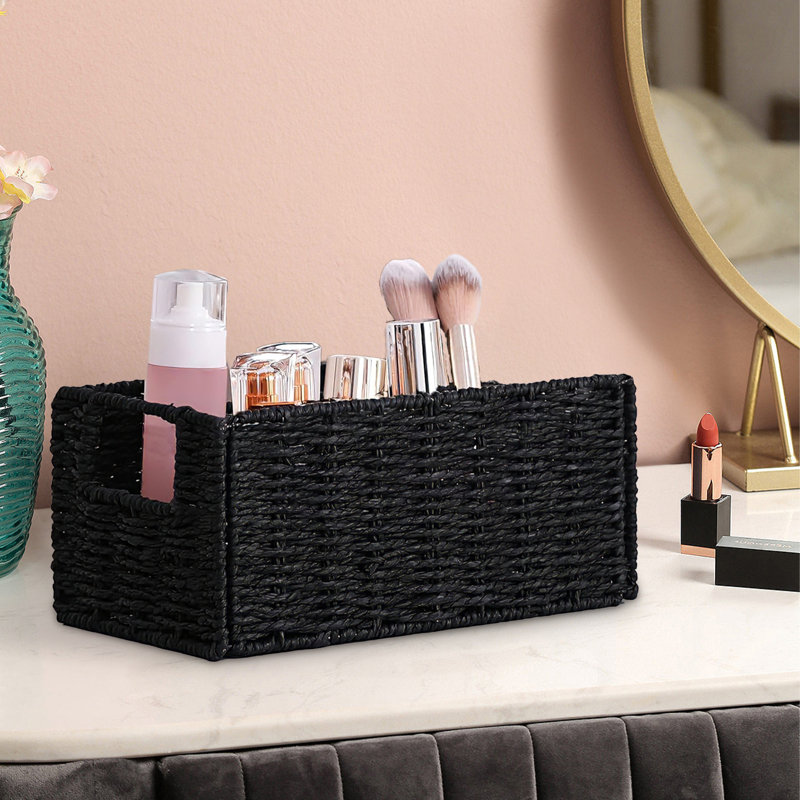 Ensemble de 4 paniers de rangement écologiques en corde de papier tissé - Organisateurs rectangulaires pliables noirs avec poignées - Rangement ouvert peu encombrant pour la maison, les tablettes, la salle de bain et le salon