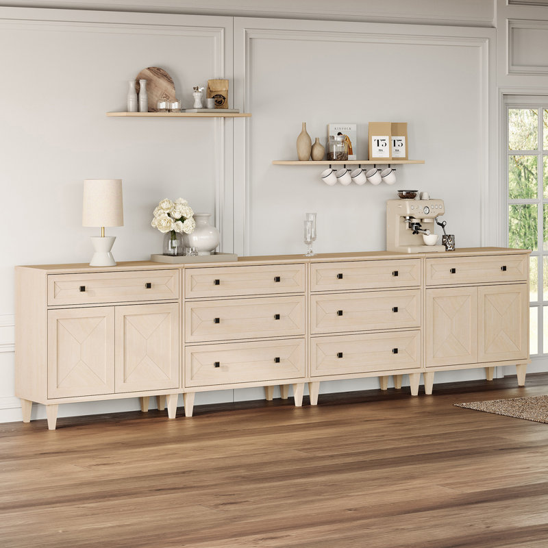 Handmade Patchwork 126" Mid-Century Modern Buffet Cabinet With Storage, 8 Drawers And 2 Cabinets, Tapered Solid Wood Legs, For Dining Room Or Living Room
