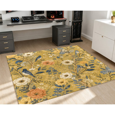 Tapis rétro motif floral jaune oiseau, motif artistique classique, tapis antidérapant lavable à la machine, décoration intérieure vibrante pour le salon, la chambre à coucher, la salle à manger, le vestibule, la cuisine, le balcon, appartement