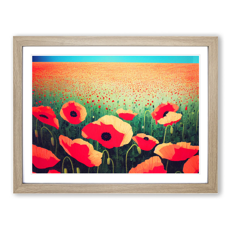 Cheerful Poppy Flowers - Single Picture Frame Print, 46cm H x 64cm W x 2cm D, Oak