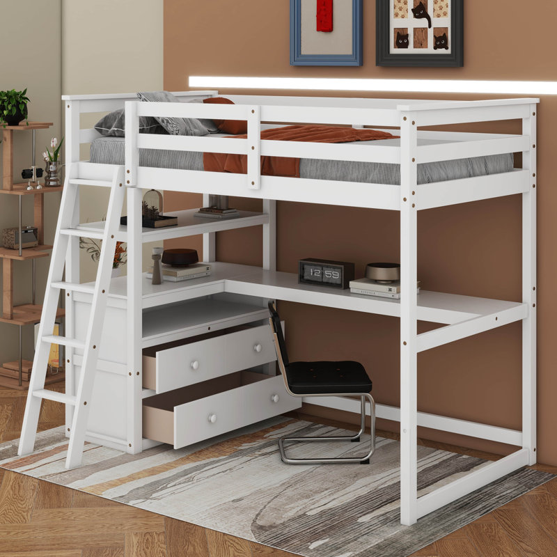 Lit mezzanine simple avec bureau et tablettes, deux tiroirs intégrés, Blanc