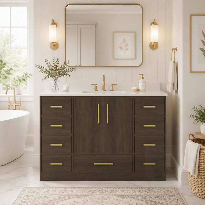 Meuble-lavabo de salle de bain avec rangement abondant, portes à fermeture douce et 9 tiroirs pour un design élégant et fonctionnel