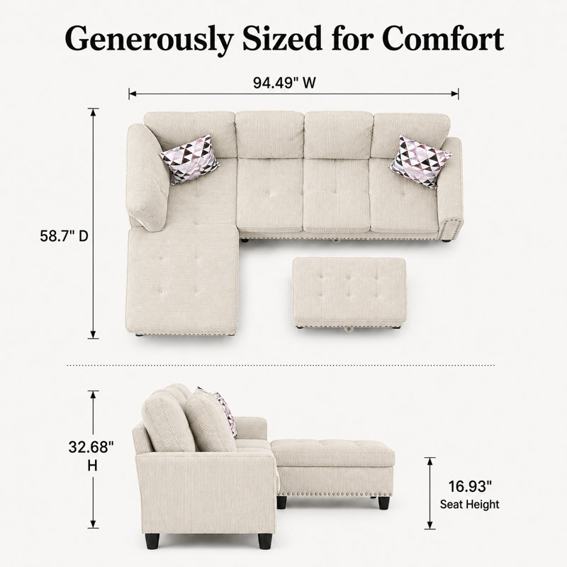 Canapé modulaire en L 94,5 po avec repose-pieds et porte-gobelets en L Corduroy, Beige