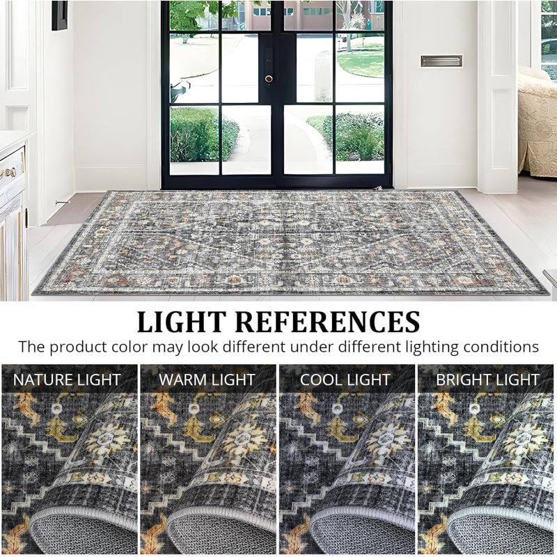Vintage Area Rug Washable Foldable Distressed Accent Carpet Non-Skid Oriental Print Low-Pile Non-Shedding Thin Floor Mat for Bedroom
