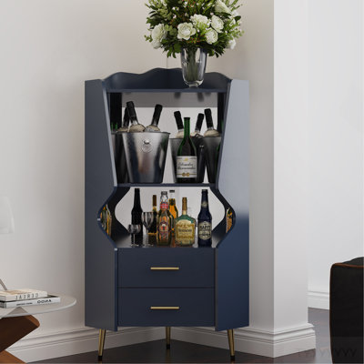 Wooden Corner Bar Cabinet With 2 Open Storage Shelves And 2 Drawers, Mirrored Back Sideboard Cabinet, High Feet/Legs For Easy Cleaning, Buffet Cabinet BLUE